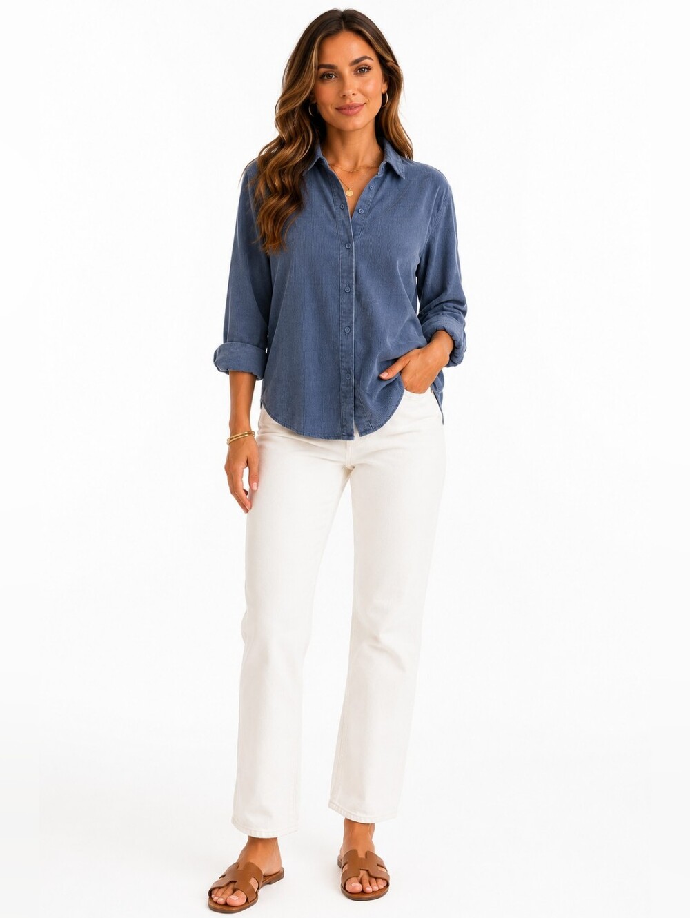 CP Shades Blue Gray Baby Corduroy Button Front Shirt Womens Small Coastal Preppy